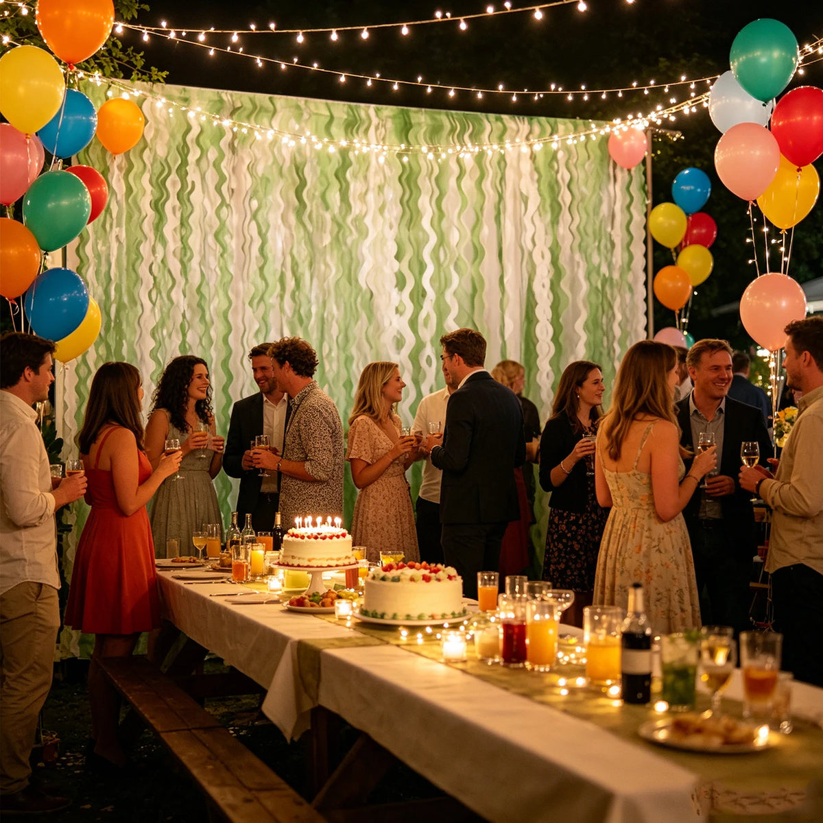 A festive outdoor party setup featuring sage green wavy foil fringe curtain streamers and balloons.