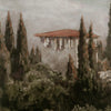 A retro oil painting depicting a river village scene with cypress trees and a terracotta roof under a cloudy sky.