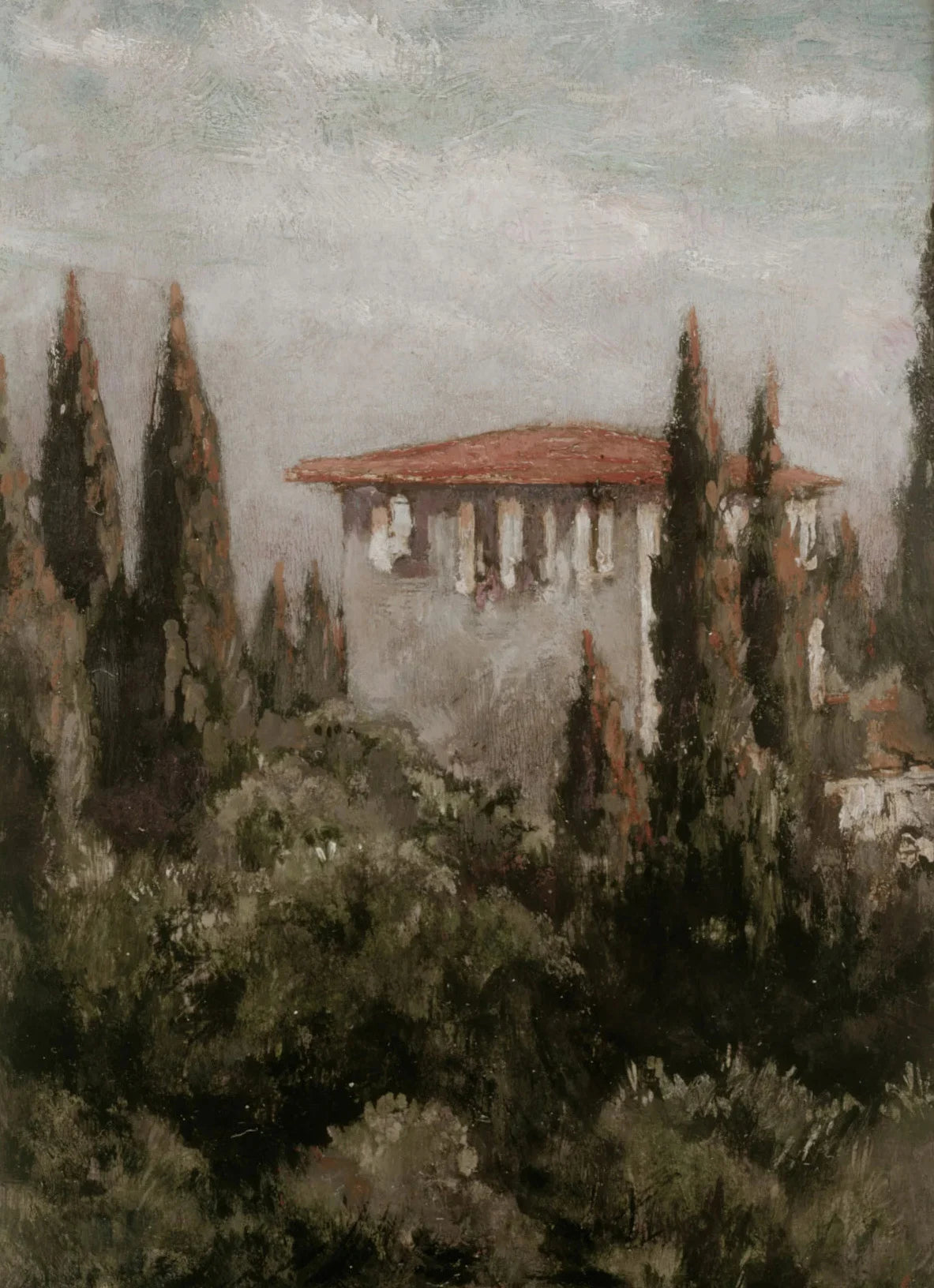 A retro oil painting depicting a river village scene with cypress trees and a terracotta roof under a cloudy sky.