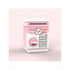 A pink ATM-style piggy bank with a keypad and electronic lock featuring a cute cat design.