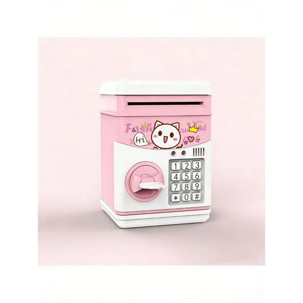A pink ATM-style piggy bank with a keypad and electronic lock featuring a cute cat design.