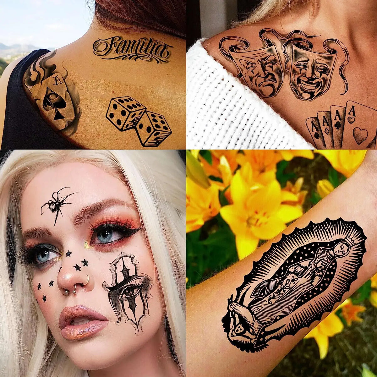 A collage of chicano temporary tattoos featuring skulls, dice, tarot cards, and intricate designs on skin.