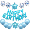 A set of blue and white foil letter balloons and star shaped balloons for a birthday party decoration
