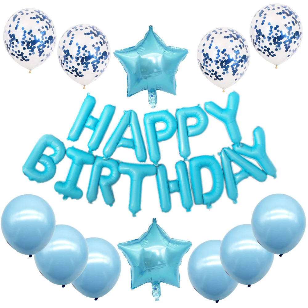 A set of blue and white foil letter balloons and star shaped balloons for a birthday party decoration