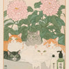 Vintage tiger cat wall art poster featuring several cats in a soft pink and green floral design.
