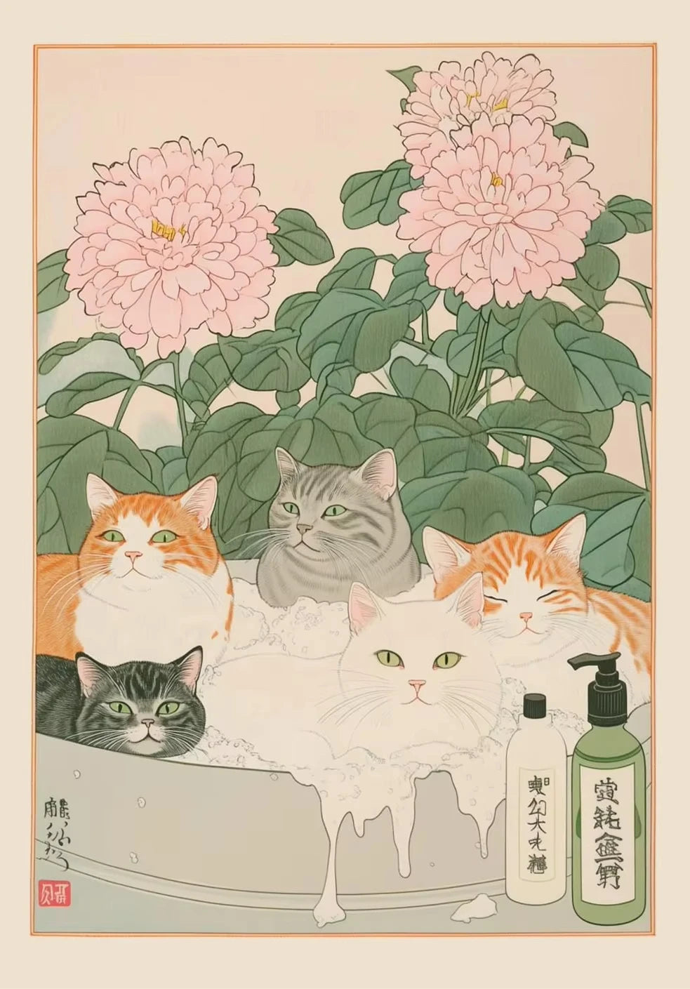 Vintage tiger cat wall art poster featuring several cats in a soft pink and green floral design.