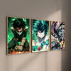 A set of three framed posters featuring the character Deku from My Hero Academia in various dynamic poses and colors.