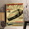 Impression artistique murale vintage JDM supercar, voiture de sport rouge et blanche sur fond jaune.