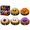 A bundle of Halloween mystery squishy stress relief toys including a golden skull, an orange pumpkin, and purple slime.