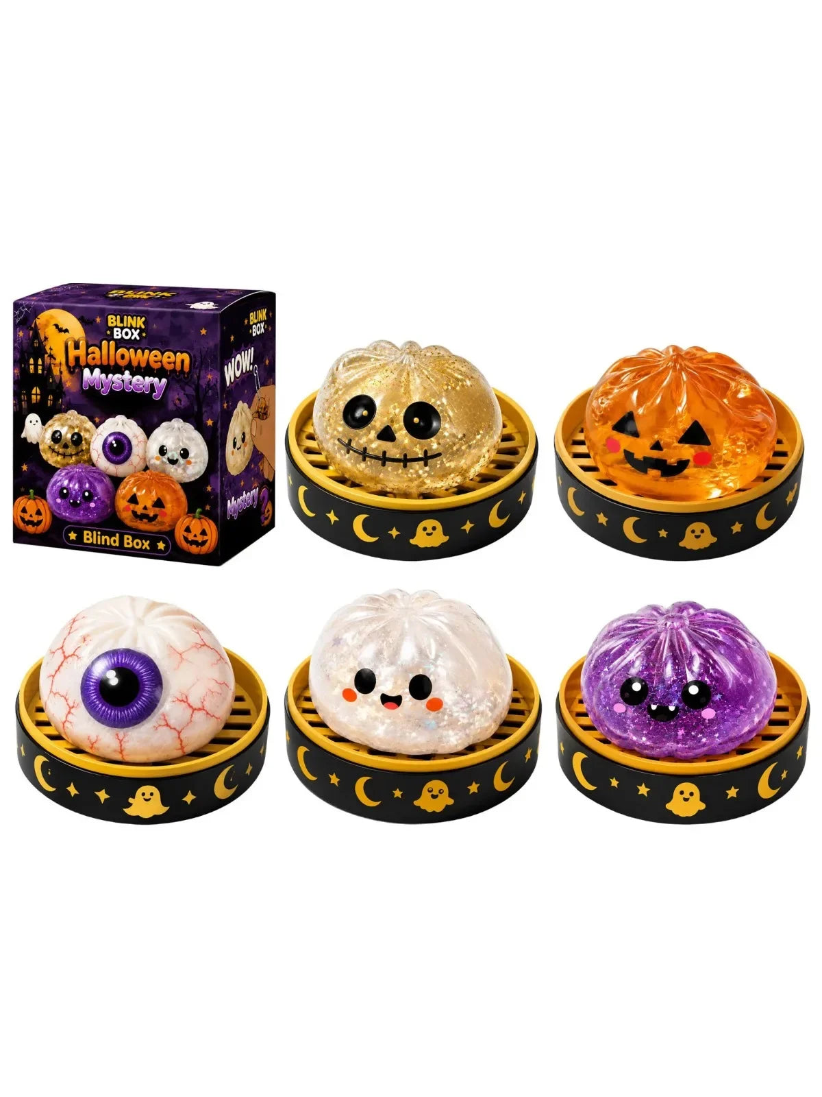 A bundle of Halloween mystery squishy stress relief toys including a golden skull, an orange pumpkin, and purple slime.