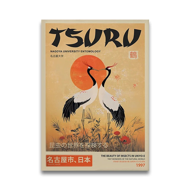 A vintage print titled TSURU featuring a black and white bird against an orange background.