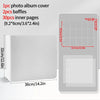 A white photo album binder with a cover, baffles, and inner pages shown next to its dimensions.