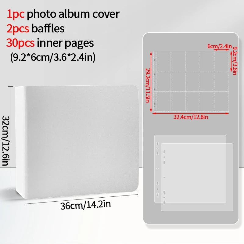 A white photo album binder with a cover, baffles, and inner pages shown next to its dimensions.