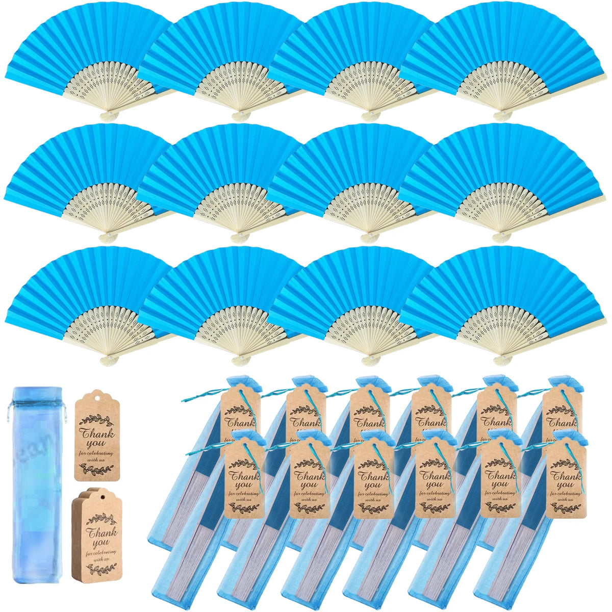 Elegant paper hand fans in blue and silver with attached gift bags and thank you cards