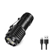 A black compact flashlight with a textured body and a bright LED light is shown from an angle.