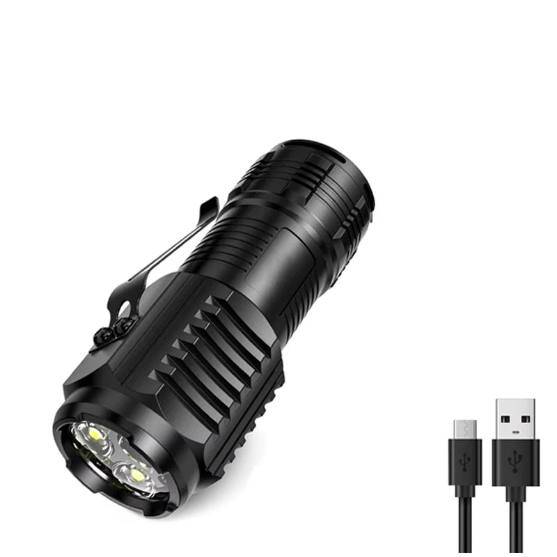 A black compact flashlight with a textured body and a bright LED light is shown from an angle.