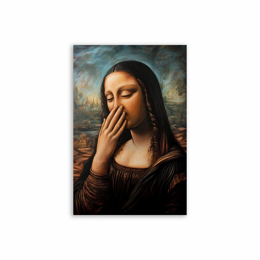 A painting of the Virgin Mary with her eyes closed and hand to her face, set against a landscape background.