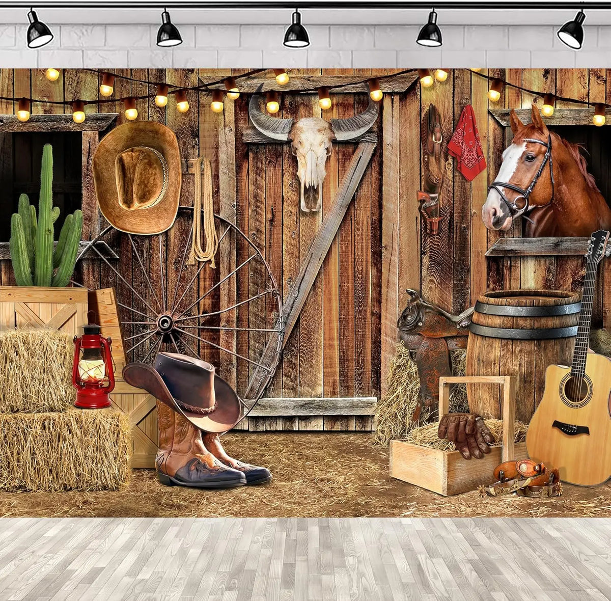 A rustic western backdrop featuring a wooden barn door, leather goods, and a horse head.