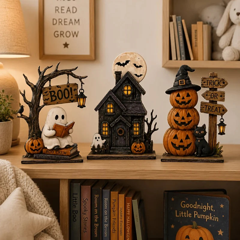 Halloween Spooky Decor Set – Ghost, Pumpkin & Black Cat Wooden Signs