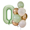 A cluster of olive green and gold foil balloons shaped like the number zero for parties and celebrations.