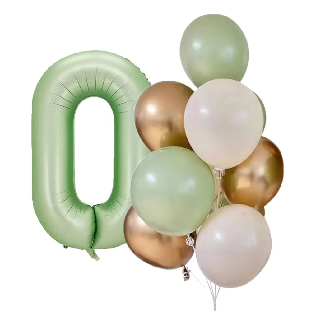A cluster of olive green and gold foil balloons shaped like the number zero for parties and celebrations.