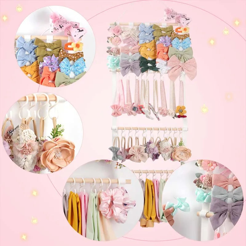 A display of colorful fabric headbands and hair accessories hanging on a wall rack.