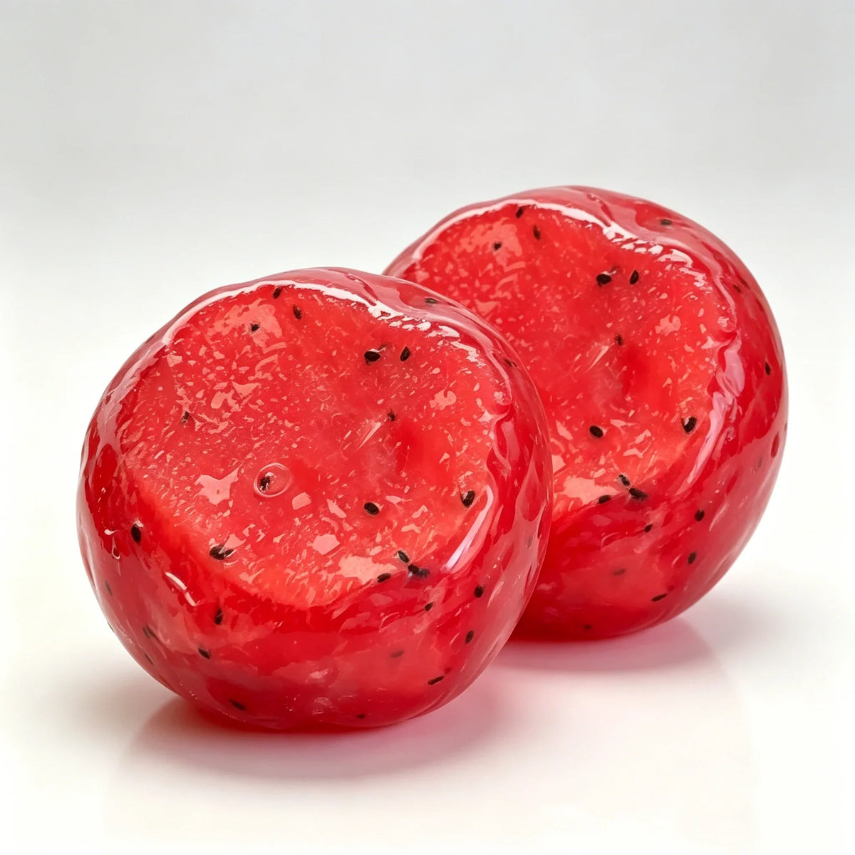 A bright red watermelon slice shaped like a fruit is shown, appearing glossy and wet.