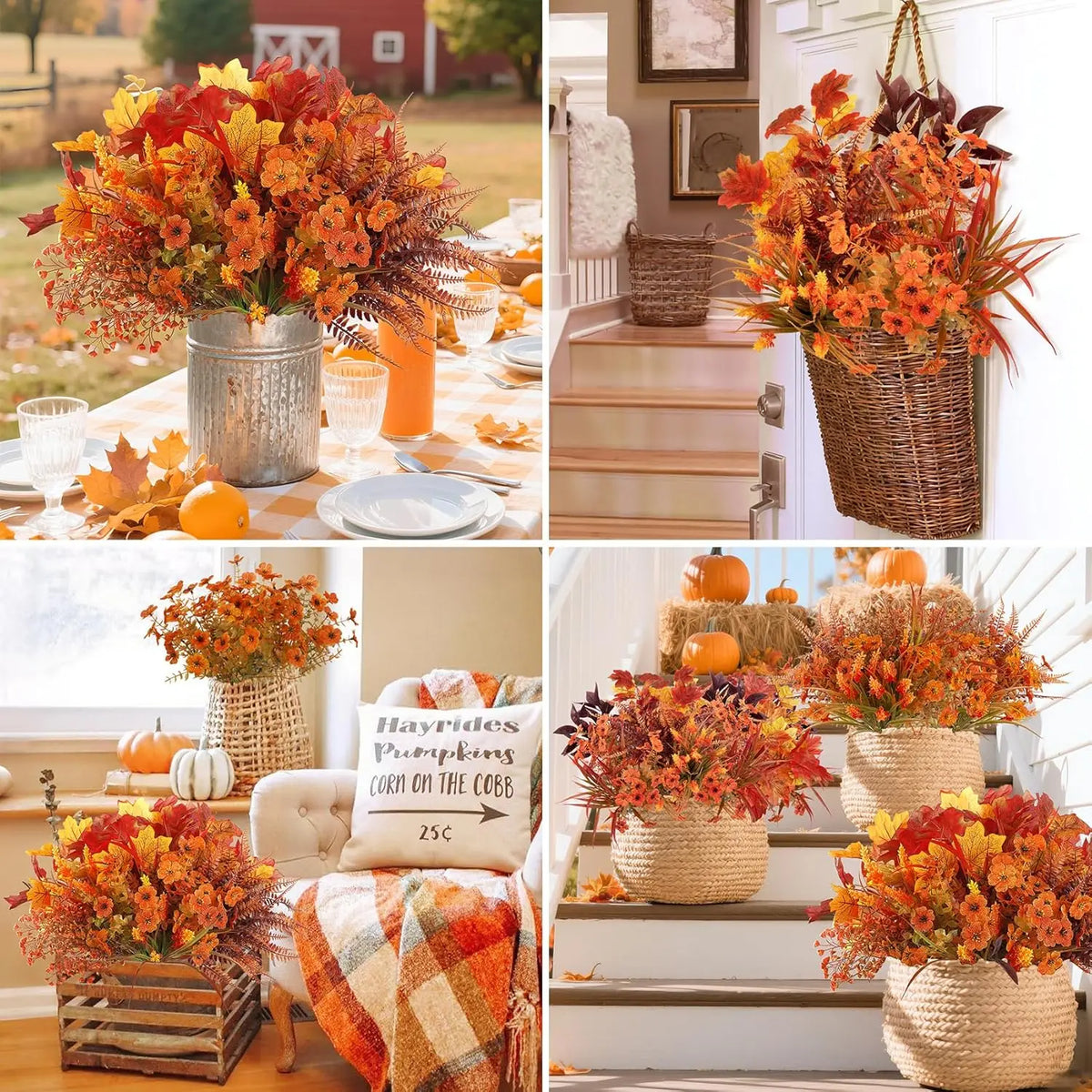 Ein Set künstlicher Herbstblumen in verschiedenen Orange-, Rot- und Gelbtönen in dekorativen Töpfen und Arrangements.
