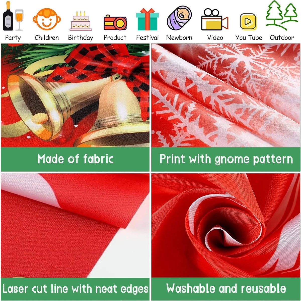 Red fabric photo backdrop banner with a gnome pattern, laser cut edges, and washable design.