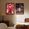 A framed poster featuring a portrait of Dennis Rodman in a red Bulls jersey with the number 91 against a dark background.