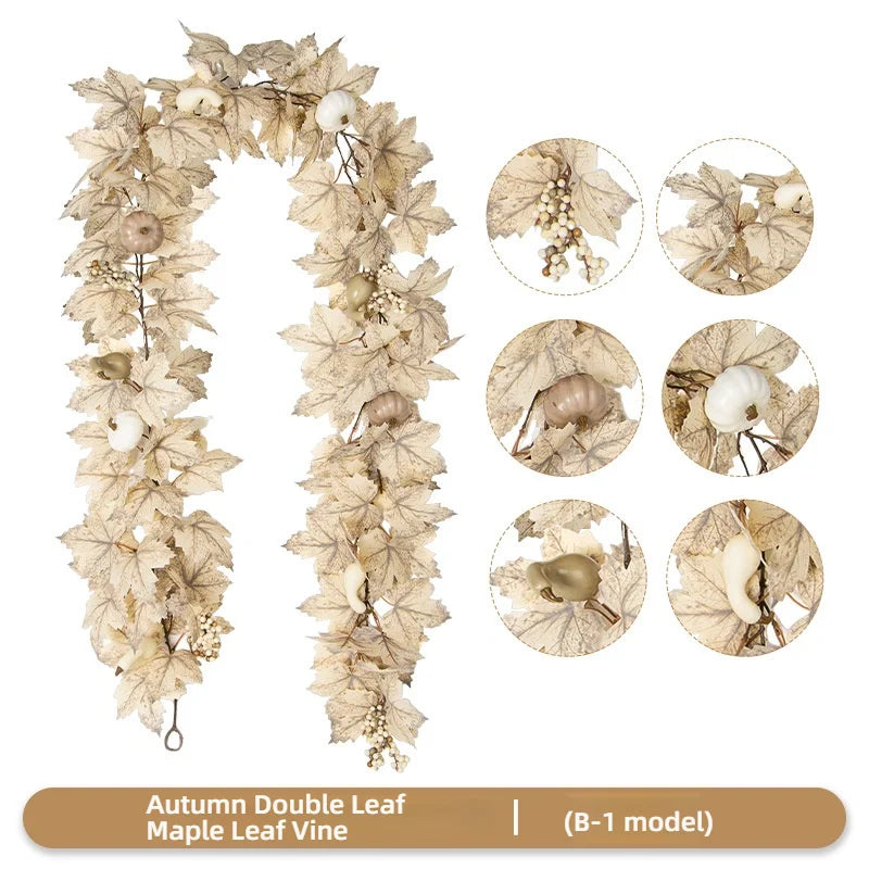 Autumn Double Leaf Maple Leaf Vine garland featuring dried leaves and small white berries for home decor