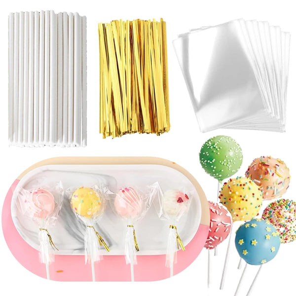 A kit containing 100 paper lollipop sticks and tie closures for packaging candies.