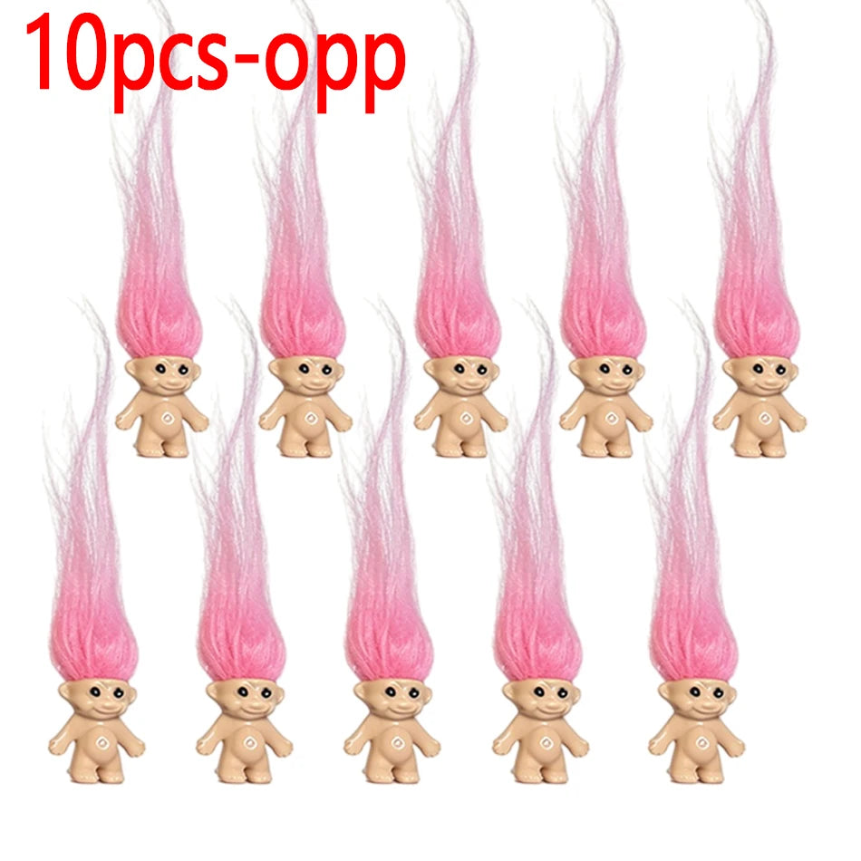 Ten pink mini retro troll doll collectible figures displayed in a row.
