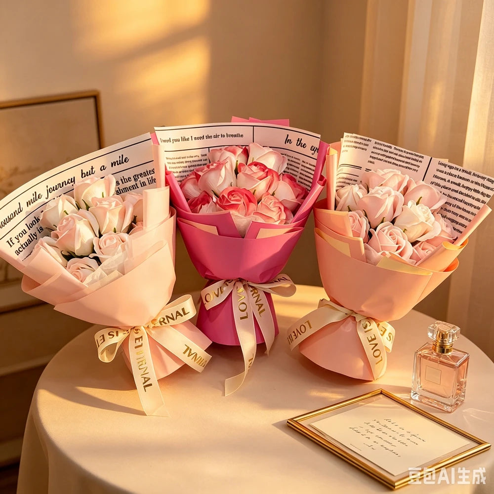 A pink artificial rose flower bouquet wrapped in tissue paper and ribbon sits on a table.