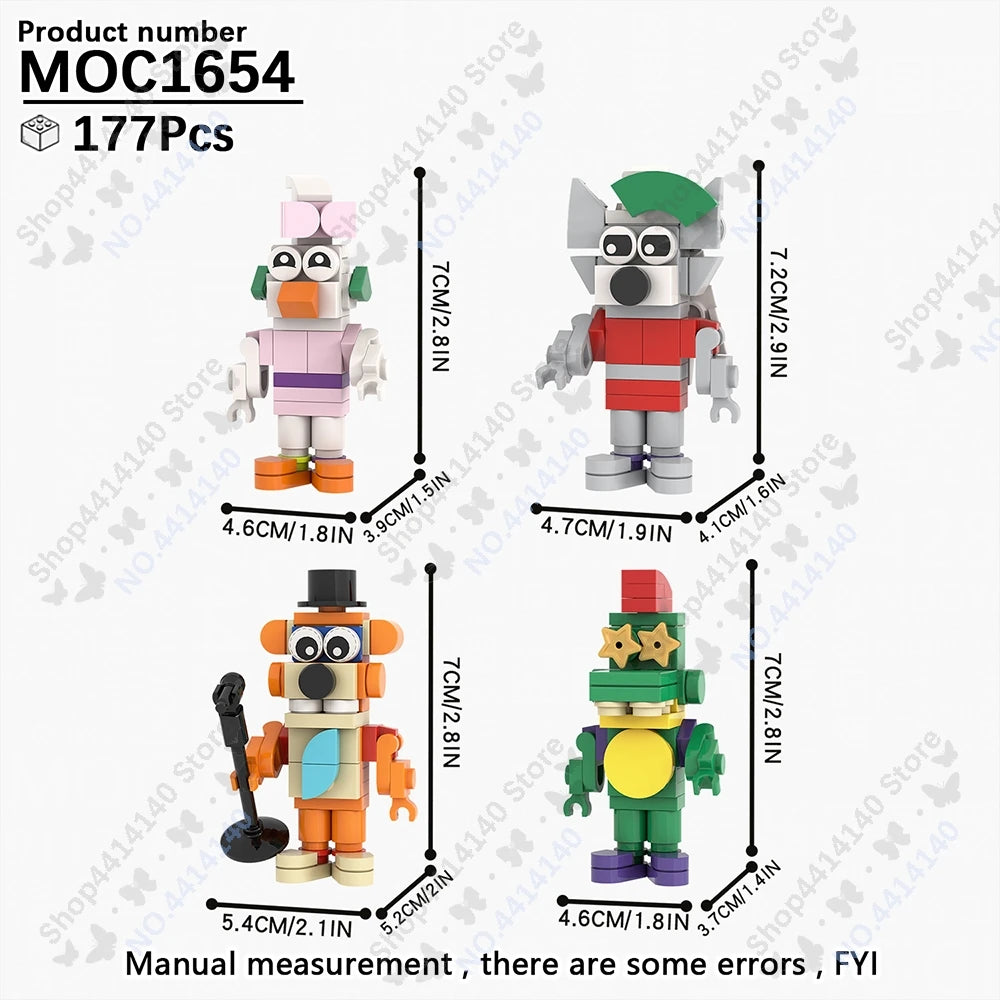 A set of Five Nights at Freddy's building block models showing various characters in different poses and colors.