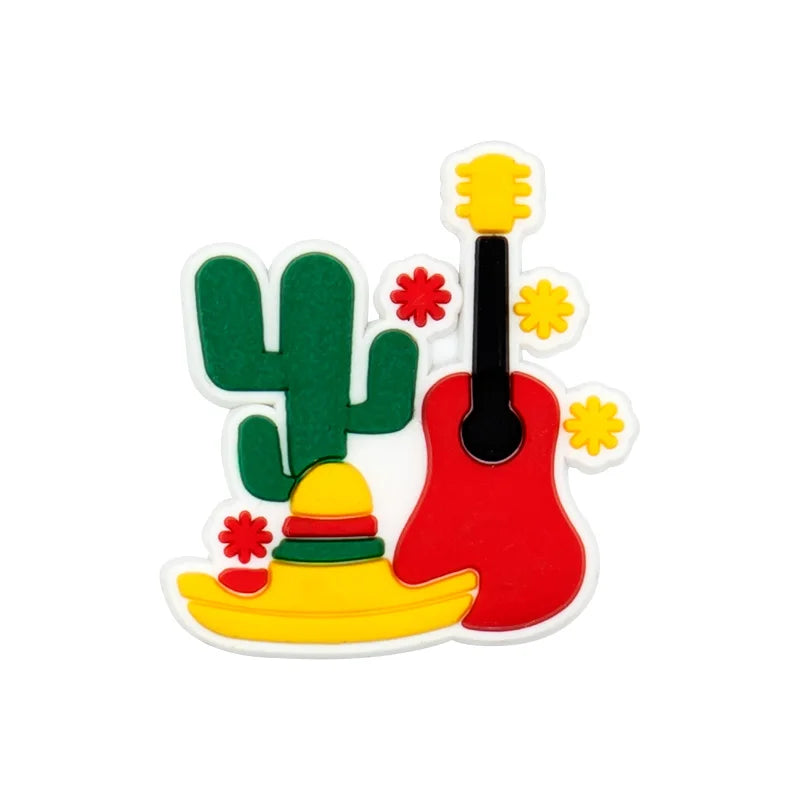 A set of Mexico style PVC shoe charms featuring a cactus, a guitar, and a trumpet.