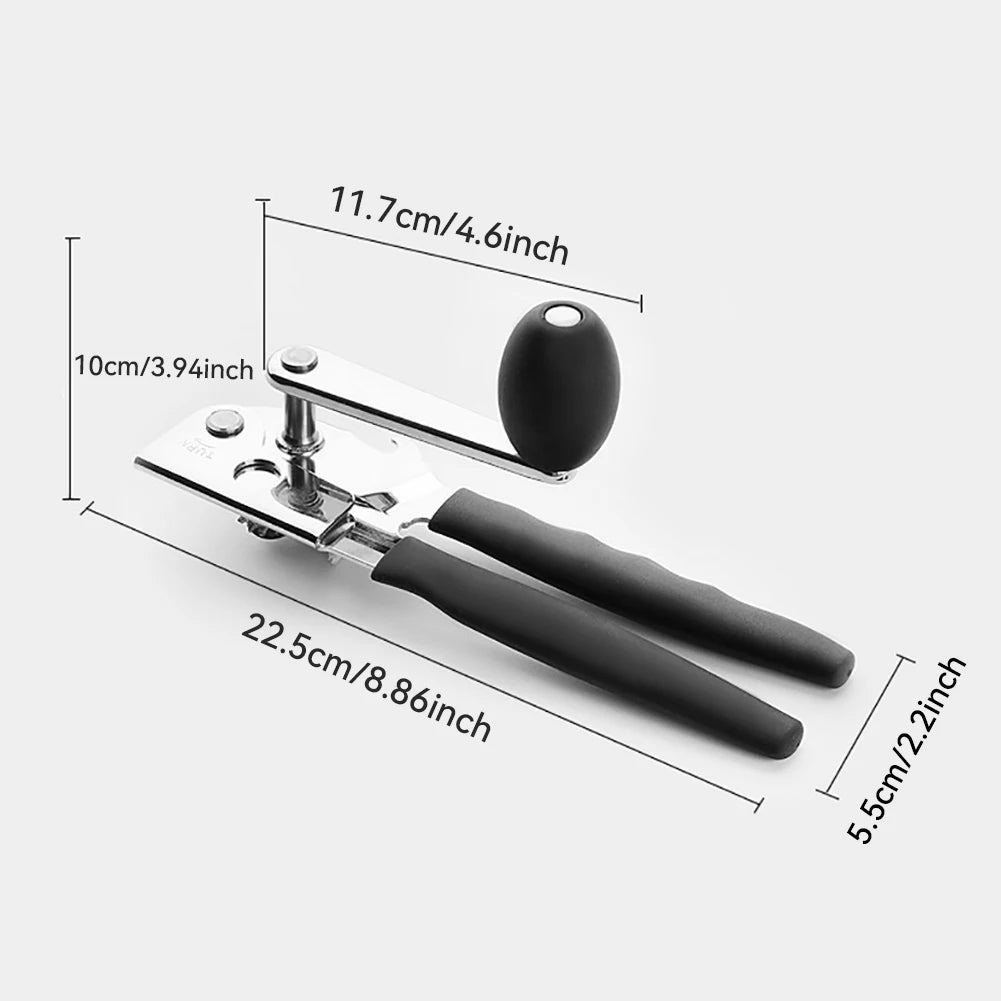 A silver and black heavy-duty manual can opener with a magnetic lid lock shown from the side.