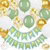 A banner decoration set featuring gold and white confetti balloons for a birthday party