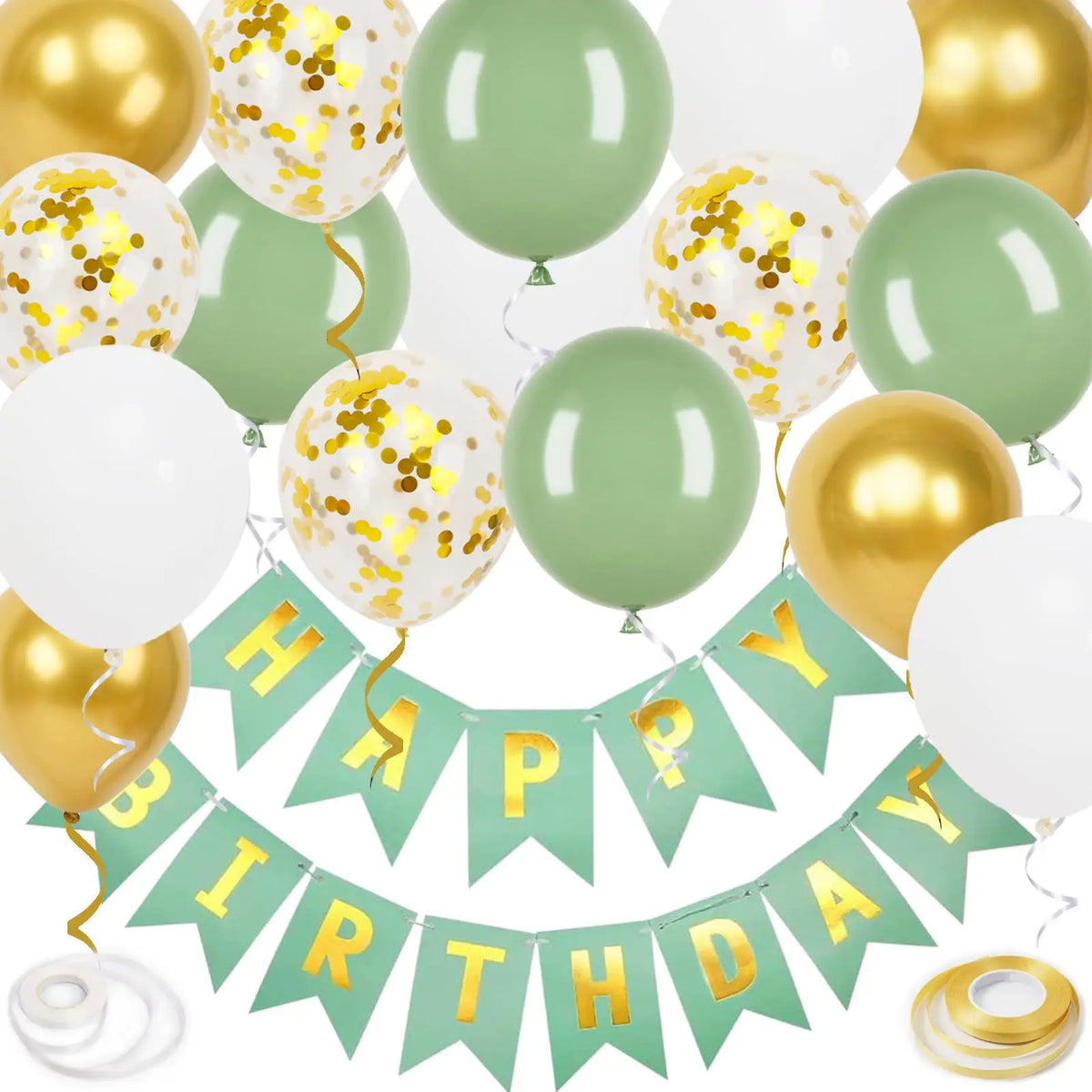 A banner decoration set featuring gold and white confetti balloons for a birthday party