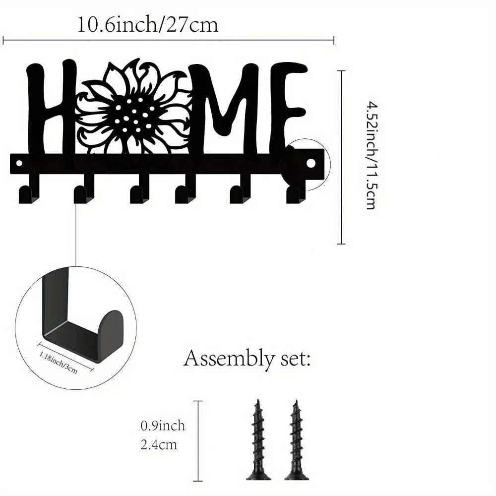 Black decorative metal wall-mounted key holder with seven hooks and assembly set