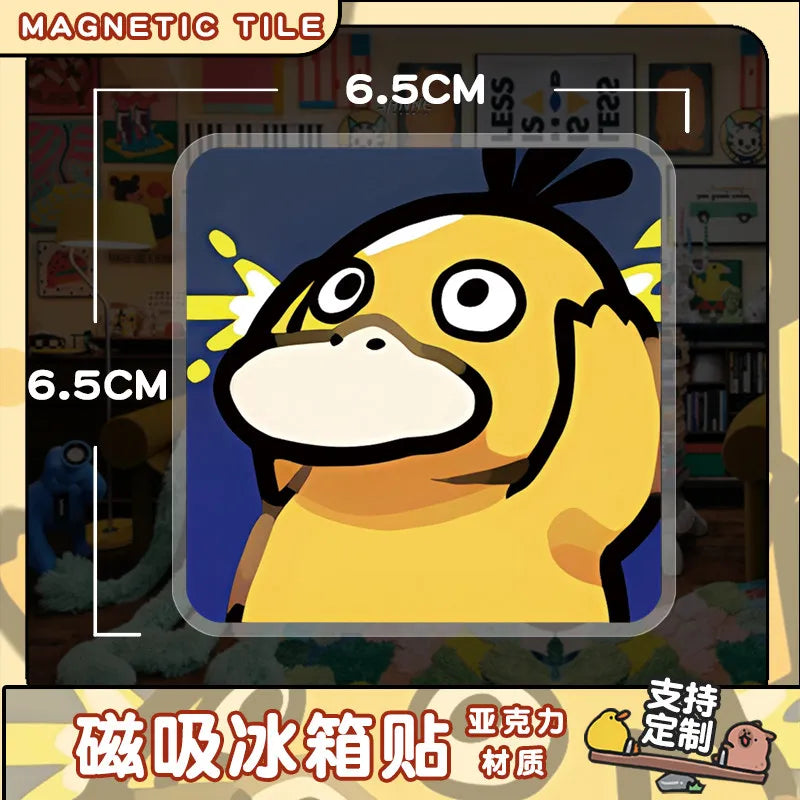 A yellow Pokémon character magnet displayed on a square tile with surrounding text and measurements.