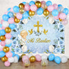 A floral and gold balloon arch backdrop for a baptism or communion celebration