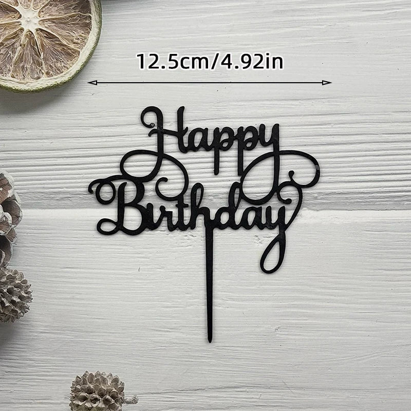 Elegant black acrylic birthday topper with the words Happy Birthday on a stick