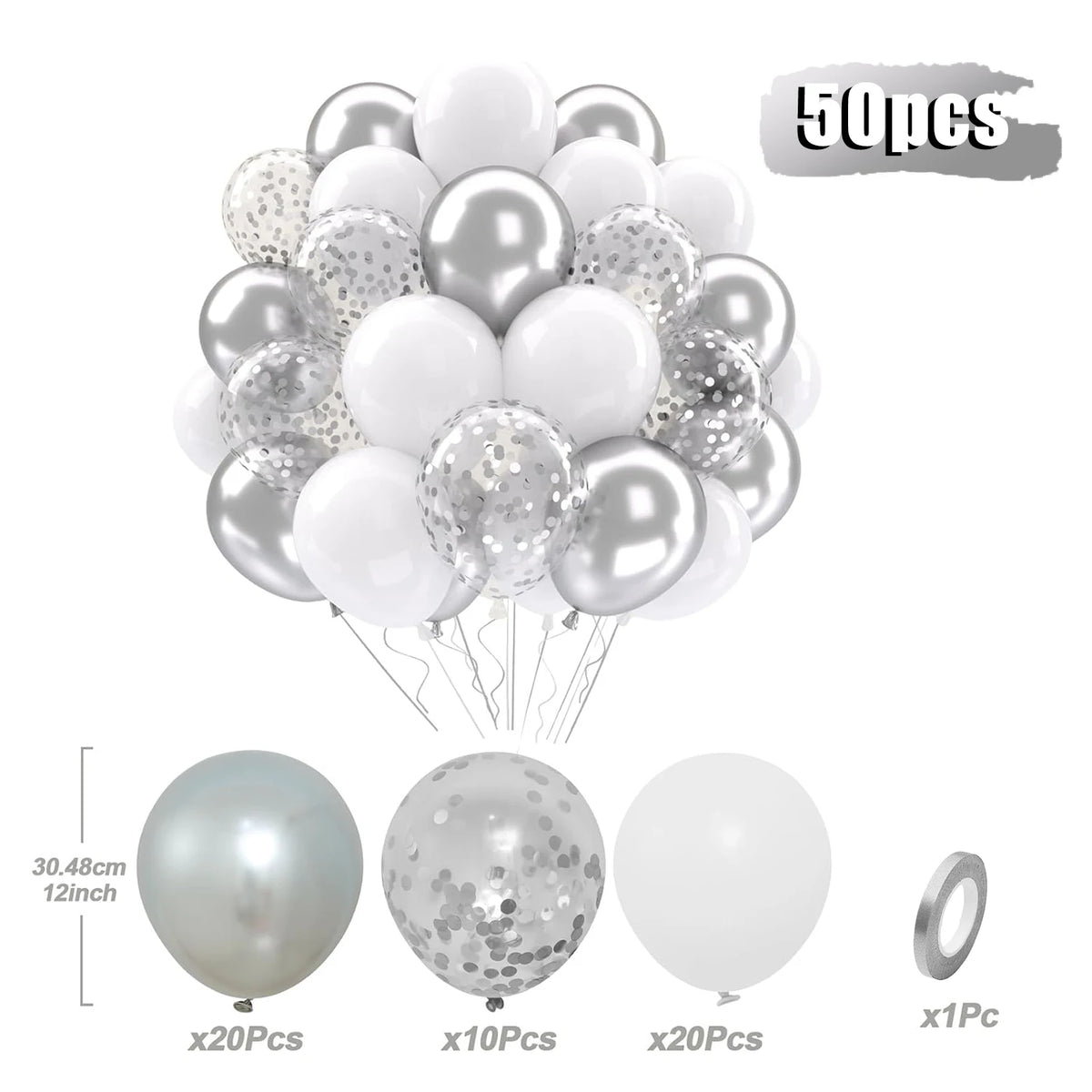 A bundle of 50 latex balloons with confetti in pastel purple, blue, and pink colors for party decorations.