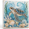 Pintura de diamantes de una tortuga marina rodeada de plantas acuáticas azules y verdes y perlas