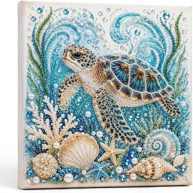 Pintura de diamantes de una tortuga marina rodeada de plantas acuáticas azules y verdes y perlas
