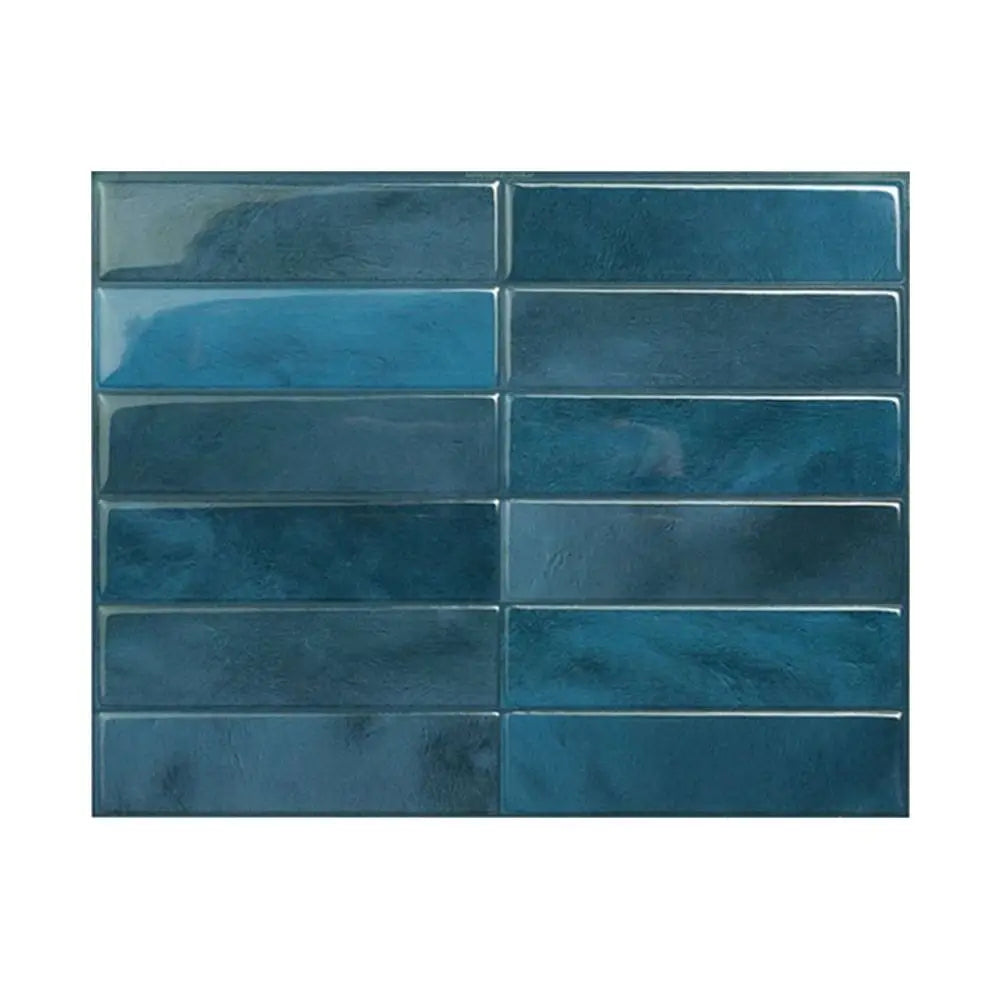 A rectangular panel of glossy blue-green self-adhesive tile stickers with varying shades and textures.