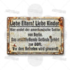 A weathered metal tin sign with German text on a distressed background.