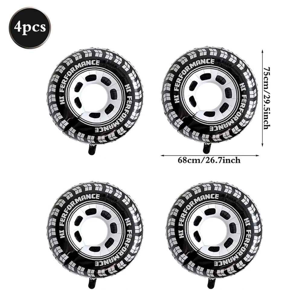 Set of four black and white tire-like balloons for race car traffic light decoration