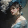 A portrait of a woman wearing a large blue hat adorned with white feathers and a sheer blue dress.